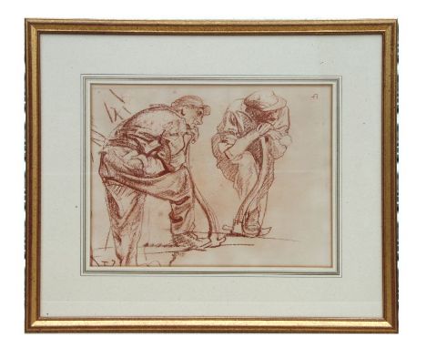 Frank Brangwyn (British 1879-1930) - Workmen at Rest Leaning on their Pickaxes - sanguine lithograph, framed &amp; glazed, 37