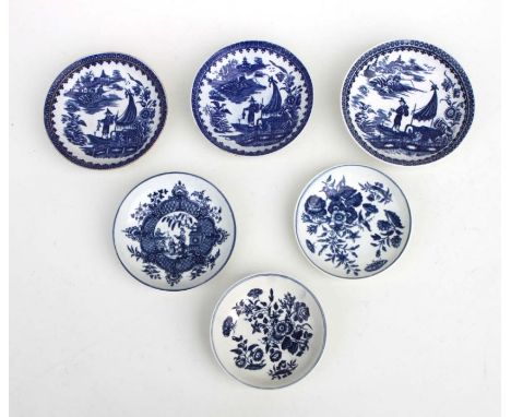 A group of Worcester First Period and similar blue &amp; white saucers to include three flower and fisherman patterns, larges