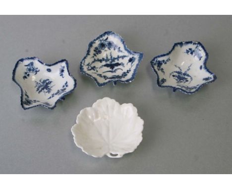 A 19th century Worcester blue &amp; white porcelain leaf form pickle dish; together with three similar pickle dishes (4).Cond