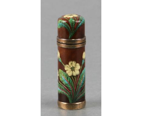 A Victorian unmarked silver gilt mounted enamel scent bottle decorated with primroses, retailed by Thornhill of Bond Street, 