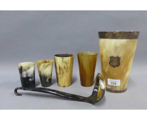 Large silver mounted horn beaker, four smaller beakers and a horn ladle, tallest 19cm  (6) 