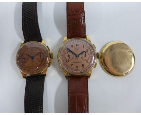 Two Gent's mid century 18ct gold cased Chronographie Suisse wrist watches, with manual wind movements and rose coloured dials