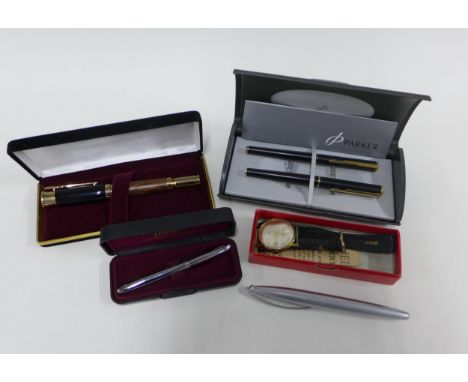 Parker pen set, an oversize ball point pen and a Fisher Space Pen together with gents vintage Swiss Watch Corporation wristwa