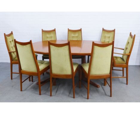 G-Plan teak dining table with one leaf, 173 x 73 x 121cm, together with a set of eight high back chairs including two carvers