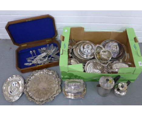 Carton containing a quantity of Epns wares to include a tea caddy, salver, serving dishes, etc and a walnut canteen with part