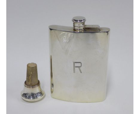 Silver hip flask, Sheffield 1977, with twist and hinge cover, engraved monogram 'R' to front, 15cm together with a silver mou