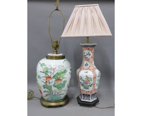 Two Chinese table lamp bases, one with a shade, tallest excluding fitting 45cm (2) 