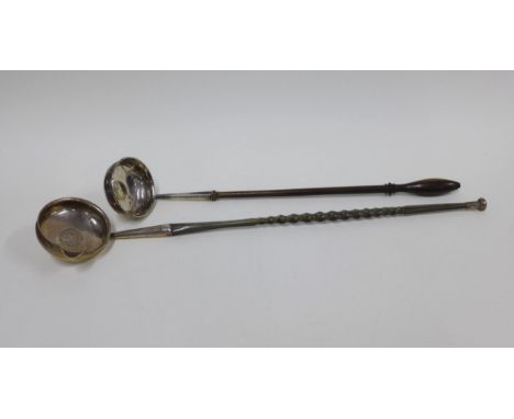 Georgian baleen handled toddy ladle, the bowl inset with a 1781 coin and another with a fruit wood handle, longest 42cm (2) 