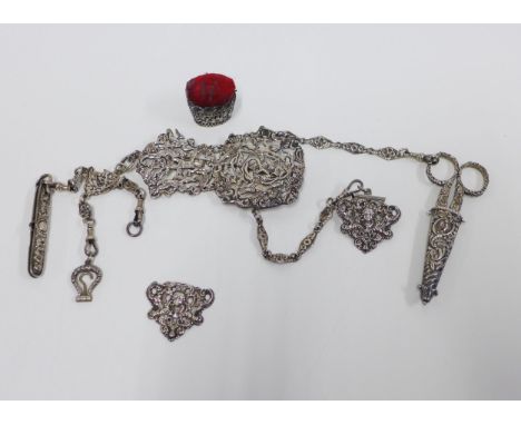 Victorian silver chatelaine, London 1870, with scissors, pen knife and hook etc (a/f) 