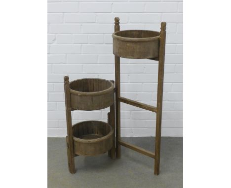 Vintage pine three tier stand with tubs, 35 x 100cm 