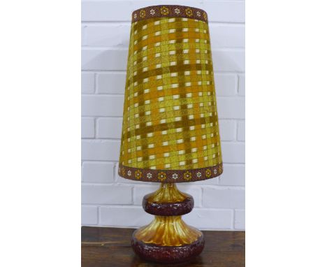 Retro West German pottery table lamp with embroidered shade, 30cm to fitting, 68cm Inc. shade 