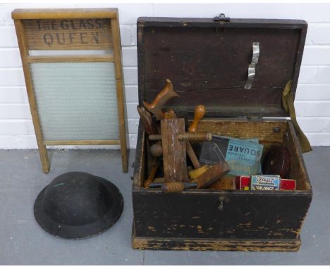 Pine tool box containing a quantity of vintage tools, 'The Queen' wash board, tin helmet, etc (a lot) 