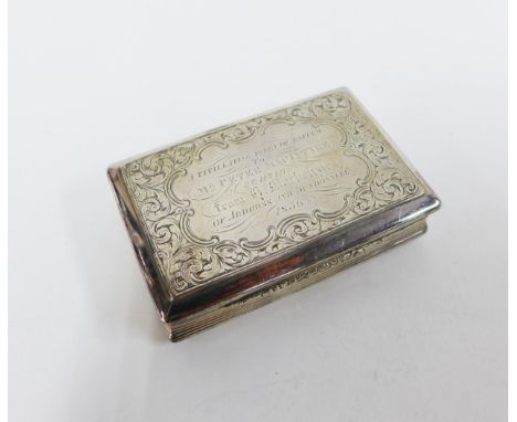 Victorian silver gilt snuff box by Nathaniel Mills, Birmingham 1850, rectangular form with a foliate lid with engraved presen