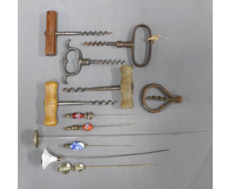 Six early corkscrews and vintage hatpins, (a lot) 