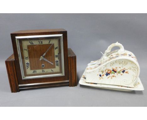Art Deco mantle clock and a Staffordshire Avon pattern butter dish and stand (2) 