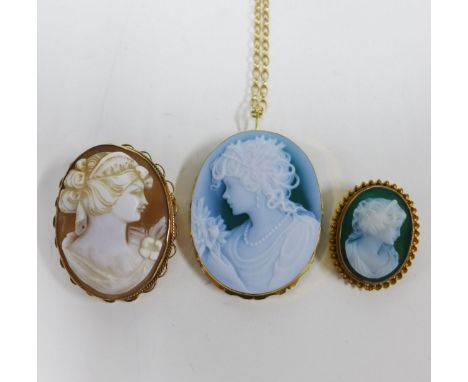 Cameo brooch in a 9ct gold frame and another of larger size contained within an unmarked yellow metal frame and a 9ct gold ch