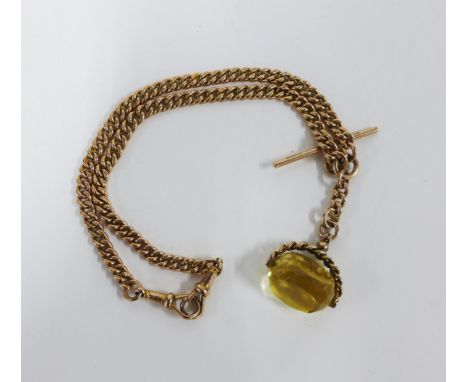9ct gold Albert watch chain with 9ct gold T bar and a citrine fob, chain and T-bar approx. 35g 