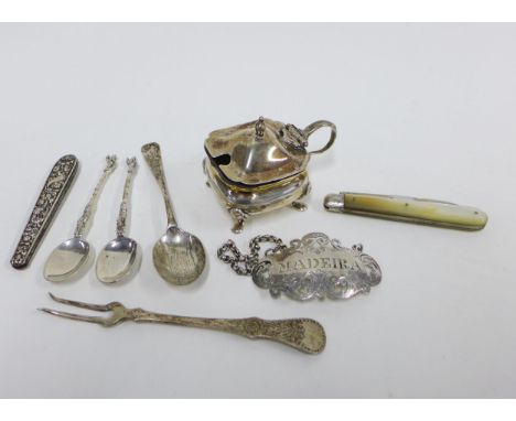 Victorian silver and mother of pearl fruit knife, Sheffield silver mustard, white metal Madeira decanter label, Continental s