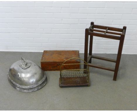 Late 19th and early 20th century mixed lot to include an oak stick stand, tool box, brass magazine rack and a dish cover (4) 