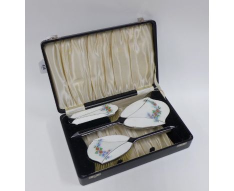 Vintage enamel and chrome dressing table brush set, cased 