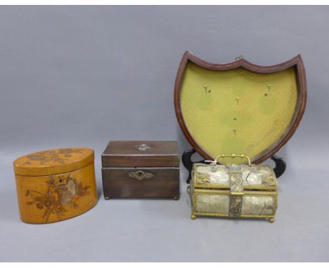 Georgian satinwood tea caddy of oval form with mixed wood inlaid pattern and lead lined (a/f), small 19th century mahogany te