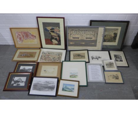 Collection of framed prints and other artwork to include Japanese prints, Gillon print of a Rhino and  a colour engraved prin