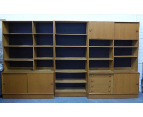 Domino Mobler, three vintage Danish bookcases, with sliding doors and one set of drawers, wider bookcases 122 x 184 x 39cm (3