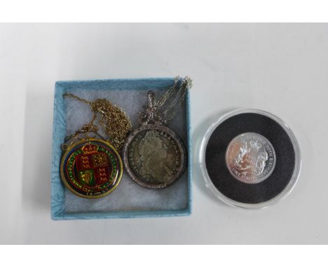 Victorian enamelled 1887 coin on a silver gilt chain, QEII 90th Birthday solid silver £1 coin and a silver coin on chain (3) 