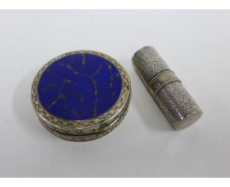 1950s Marcel Rochas of Paris silver lipstick compact and a German silver powder compact with a lapis effect cover and mirrore