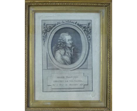 Marie Francois Arrouet de Voltaire and engraved print, framed under glass in an ornate frame, overall size 29 x 34cm 