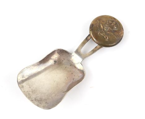 Sterling silver, hanger art caddy spoon with attached R.A.F tunic button