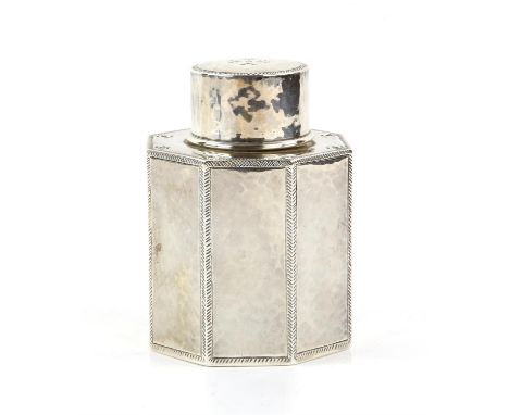 Liberty & Co. Ltd., silver tea caddy and cover of octagonal section with herringbone and impressed stylised floral decoration
