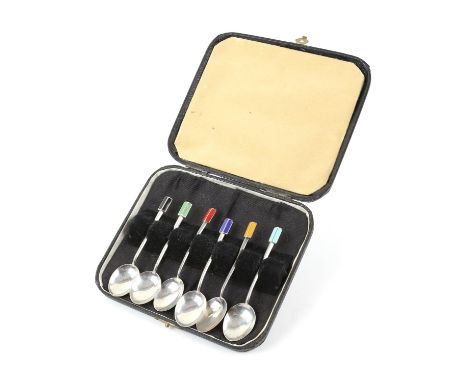 Cased set of Art Deco silver and enamel spoons in multi colours, by Turner and Simpson, Birmingham 1936