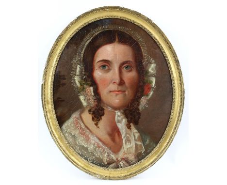 19th century English School, oval head and shoulders portrait of a lady wearing a bonnet, oil on canvas laid on board, 42.5cm
