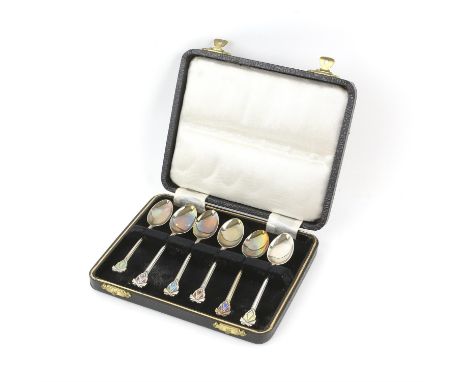 Cased set of George VI Art Deco silver and enamel spoons by Joseph Gloster Ltd, Birmingham 1947