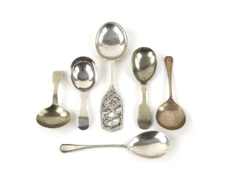 Georgian silver fiddle pattern caddy spoon, another silver caddy spoon, three plated caddy spoons and a Norwegian 830 grade h