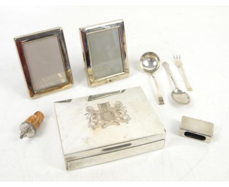 Silver cigarette box engraved with Armorial inscription, cedar lined, London 1968, 14cm wide, pair of modern silver photograp