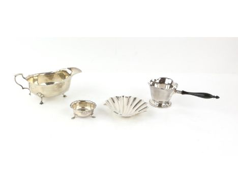 Silver sauce boat with frilled border and double scroll handle to hoof feet, Birmingham 1923, makers Adie brothers, a Brandy 