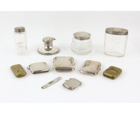 Silver capstan inkwell, three dressing table jars, two cigarette cases, two silver vesta cases, carpenter's pencil and two br