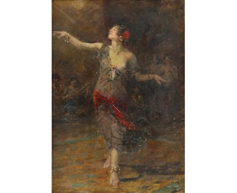 Edward Matthew Hale (British, 1852-1924). Portrait of a dancing woman with musicians beyond. Oil on panel, signed and dated l