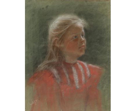 Circle of Kroyer, 20th century, portrait of a young girl in a red dress, signed with initials 'SR', pastels, 49cm x 38cm,