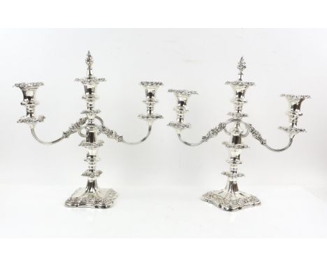 Pair of three light silver plated candelabra by Elkington & Co. ,fruit stand, water jug, egg cups, tea knifes and forks and f