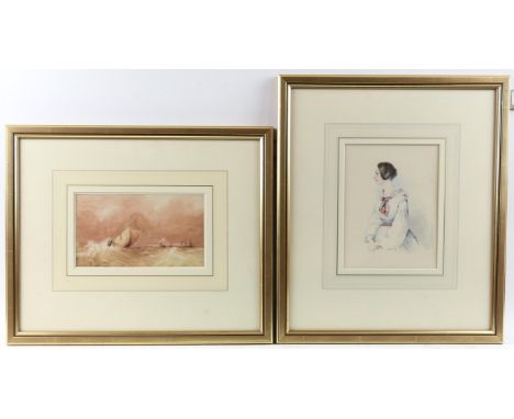 19th century English School. Portrait of a lady, watercolour 19x15 cm. Together with a small watercolour of a ship on rough s