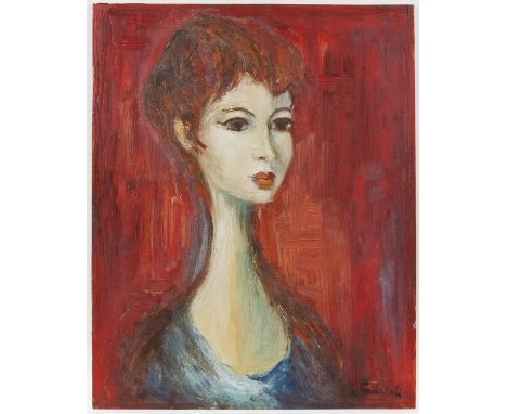 Portrait of a Lady. 20th century Continental school. Oil on board.  Indistinctly signed lower right. 51 x 40.5cm