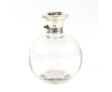 Large silver and enamel perfume bottle with click close lid and original stopper, enamel decoration in the form of a stylised
