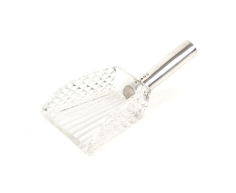 Unusual glass scoop silver handled caddy spoon by Thomas Biston, Birmingham 1943
