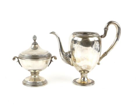 Continental silver teapot and sucrier and cover, with scroll handles on round feet, 800 standard, 14.5oz, 452g,