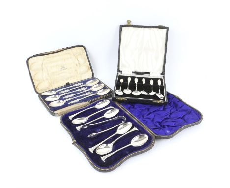 Set of six Victorian Apostle tea spoons by Henry Wilkinson & Co, Sheffield 1865, cased, set of six scroll end tea spoons and 