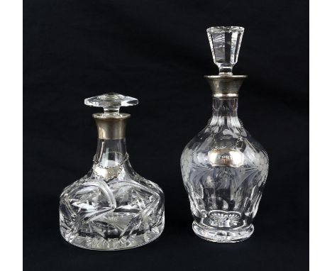 Collection of silver to include two cut glass decanters with silver collars and decanter label "Port "and plated label "Whisk