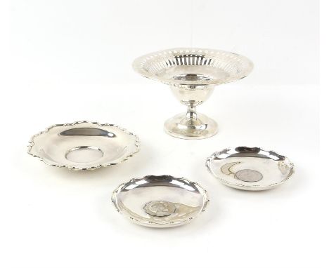 George V silver miniature circular comport with pierced decoration, filled base, maker's mark 'WB', Birmingham, 1912, two Ste